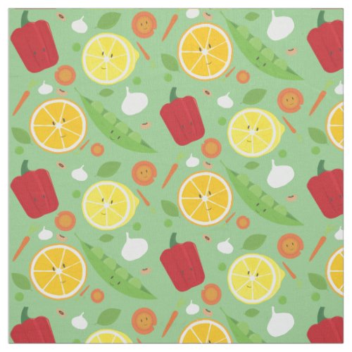 Friendly Smiling Fruit Vegetable Cartoon Pattern Fabric