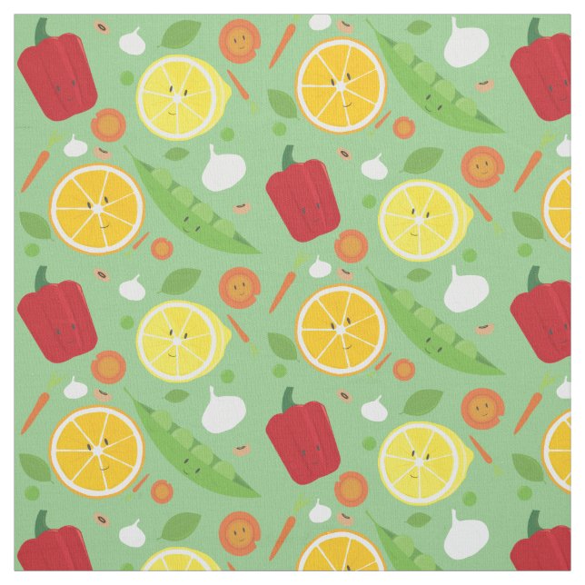 Friendly Smiling Fruit Vegetable Cartoon Pattern Fabric (Swatch)