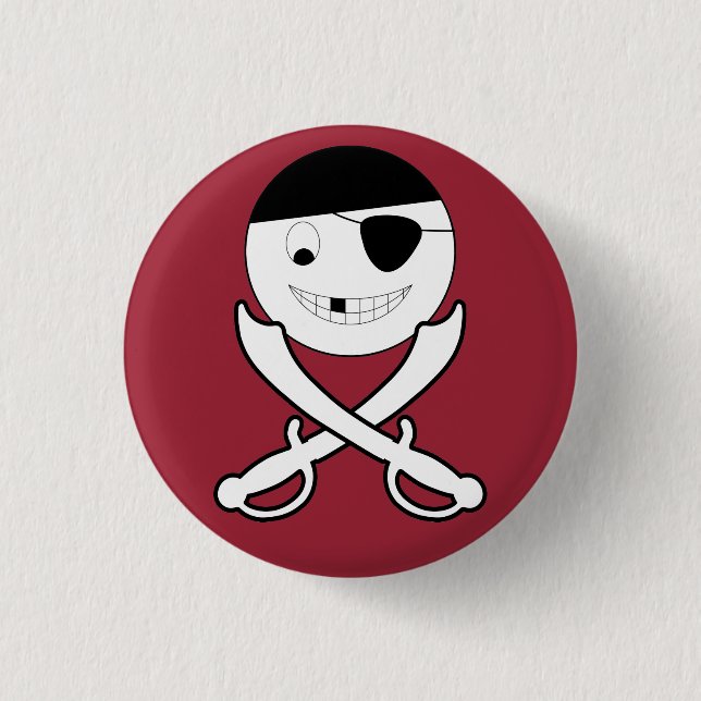 Friendly Smiling Pirate with Crossed Swords on Red Button (Front)