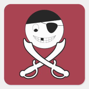 Friendly Smiling Pirate with Crossed Swords on Red Square Sticker