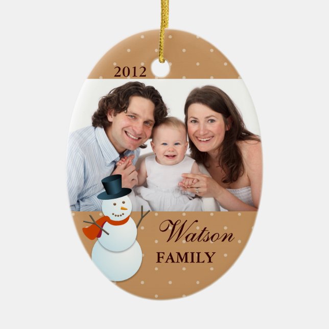 Friendly snowman north pole brown Christmas photo Ceramic Ornament (Front)