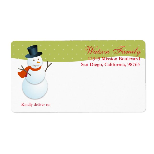 Friendly snowman north pole green custom shipping label (Front)