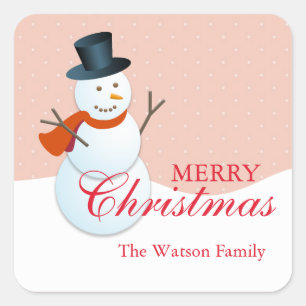 Friendly snowman north pole pink christmas holiday square sticker
