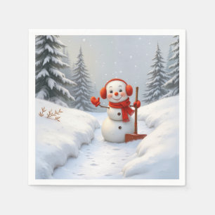 Friendly Snowman with a Red Shovel Napkins