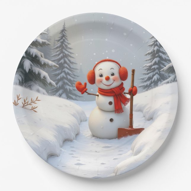 Friendly Snowman with a Red Shovel Paper Plates (Front)