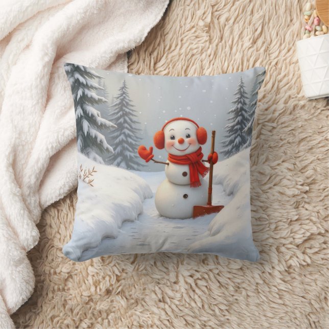 Friendly Snowman with a Red Shovel Throw Pillow (Blanket)