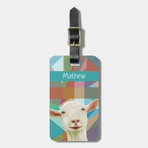 Friendly White Goat Colorful Geometric Background Luggage Tag