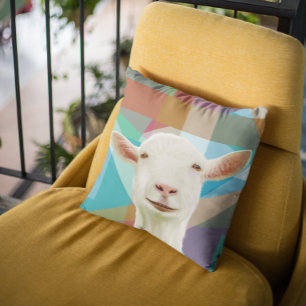 Friendly White Goat Colorful Geometric Background Throw Pillow