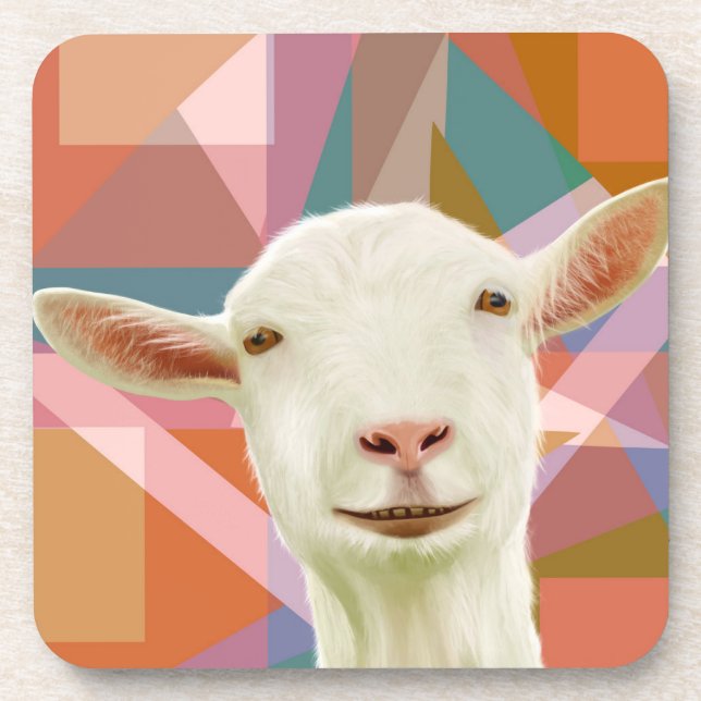 Friendly White Goat Colorful Geometric Orange Beverage Coaster (Front)