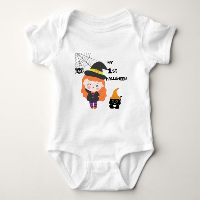 Friendly Witch and Her Cute Black Cat Baby Bodysuit (Front)