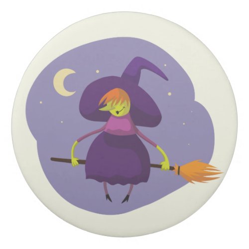 Friendly witch flying on broom at night halloween eraser