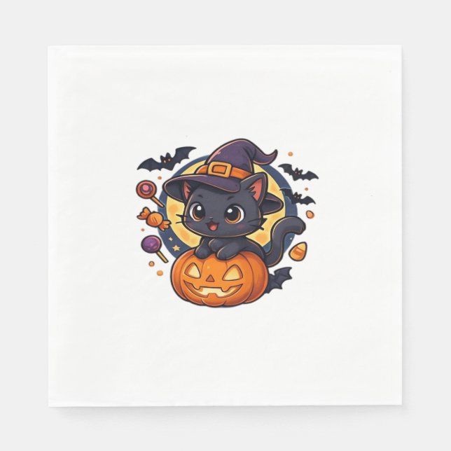 Friendly Witch Hat Cat  Cute Pastel Kawaii Hallowe Napkins (Front)