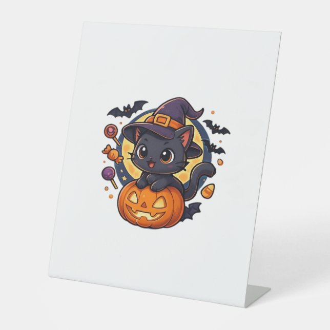 Friendly Witch Hat Cat  Cute Pastel Kawaii Hallowe Pedestal Sign (Front)