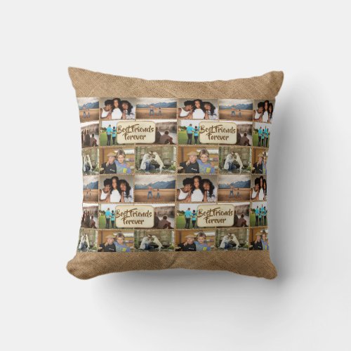 Friends 6 photo collage with jute hessian and text throw pillow