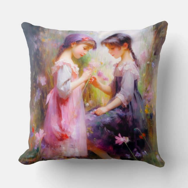 Friends and Flowers  Throw Pillow (Front)