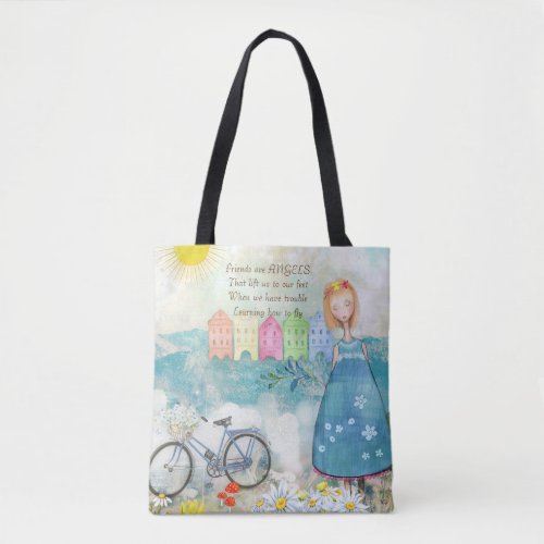 Friends Are Angels Quote Illustration Tote Bag
