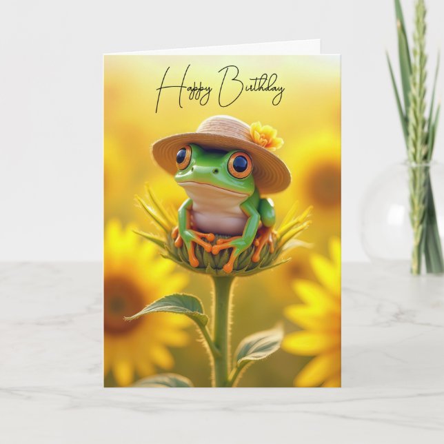 Friend's Birthday Frog On a Sunflower Bud Card (Front)