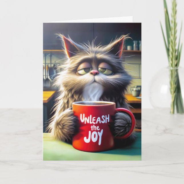 Friend's Birthday Sleepy Cat With Red Mug Card (Front)