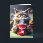 Friend's Birthday Sleepy Cat With Red Mug Card<br><div class="desc">A fluffy cat with sleepy eyes holds a steaming red mug bearing the slogan "Unleash the Joy" in a cozy kitchen setting.
The inside text can be changed.</div>