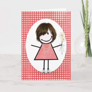 Friend's Birthday Stick Figure Girl On Gingham Card