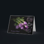 Friend's birthday -tulips and wine card<br><div class="desc">Bouquet of purple tulips on silver tray with glass of wine for friend's birthday.</div>