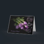 Friend's birthday -tulips and wine card<br><div class="desc">Bouquet of purple tulips on silver tray with glass of wine for friend's birthday.</div>