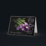 Friend's birthday -tulips and wine card<br><div class="desc">Bouquet of purple tulips on silver tray with glass of wine for friend's birthday.</div>