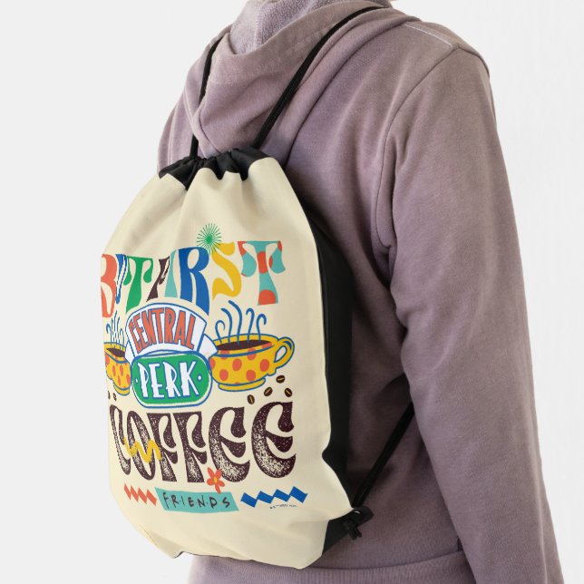 FRIENDS™ | But First Coffee Vibrant Graphic Drawstring Bag (Insitu)