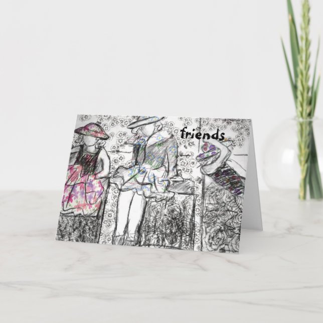 Friends Charcoal Drawing Collage Note Card (Front)