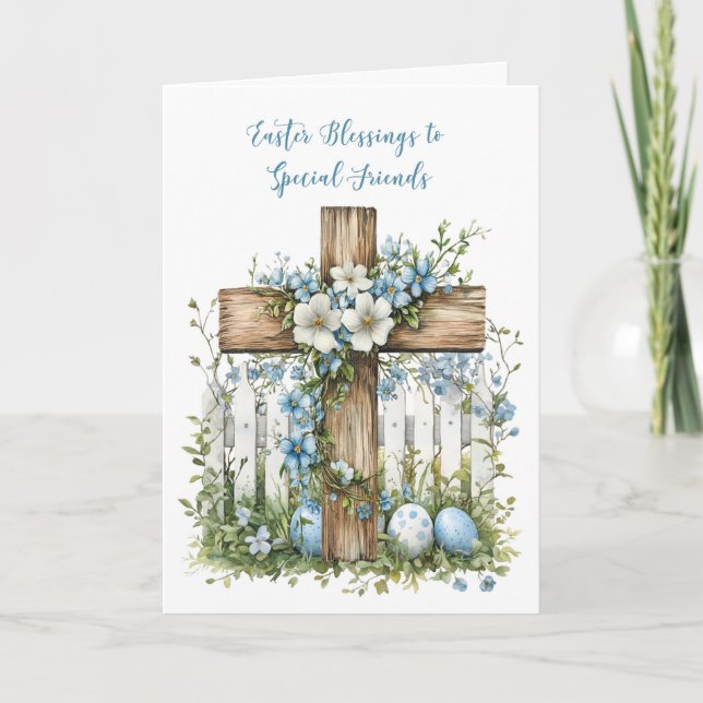 FRIENDS Easter Cross White Fence Soft Blue Flowers Card (Front)
