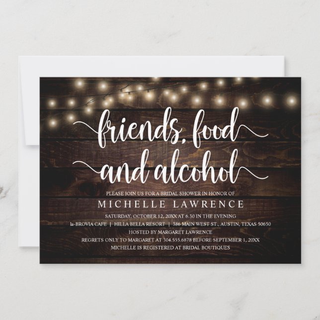 Friends, Food and Alcohol, Rustic Bridal Shower Invitation (Front)