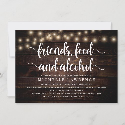 Friends Food and Alcohol Rustic Bridal Shower Invitation