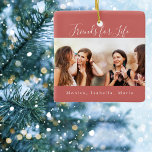Friends for life brown red photo names keepsake ceramic ornament<br><div class="desc">A gift for your best friend(s) for birthdays,  Christmas or a special event. Text: Friends for Life,  written with a trendy hand lettered style script. Personalize and use your own photo and names. A brown red colored background.</div>