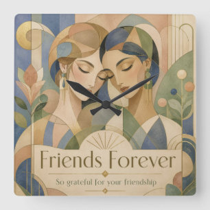 Friends Forever Art Deco Two Women Portrait Square Wall Clock