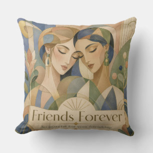 Friends Forever Art Deco Two Women Portrait Throw Pillow