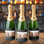 Friends forever besties black photo names sparkling wine label<br><div class="desc">A gift for your best friend(s) for birthdays,  Christmas or a special event. White text: Best Friends Forever,  written with a trendy hand lettered style script. Personalize and use your own horizontal photo and names. A chic black background.</div>