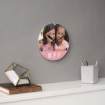 Friends forever BFF best girl photo pink Round Clock<br><div class="desc">Personalize and add your own photo of your best friend.  A pink frame with white text,  BFF.  Best Friends Forever.  Black numbers from 8 to 4. A birthday or Christmas gift for your best friend.</div>