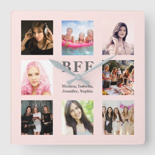 Friends forever bff rose gold photo collage square wall clock