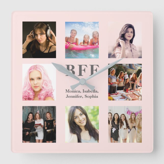 Friends forever bff rose gold photo collage square wall clock (Front)