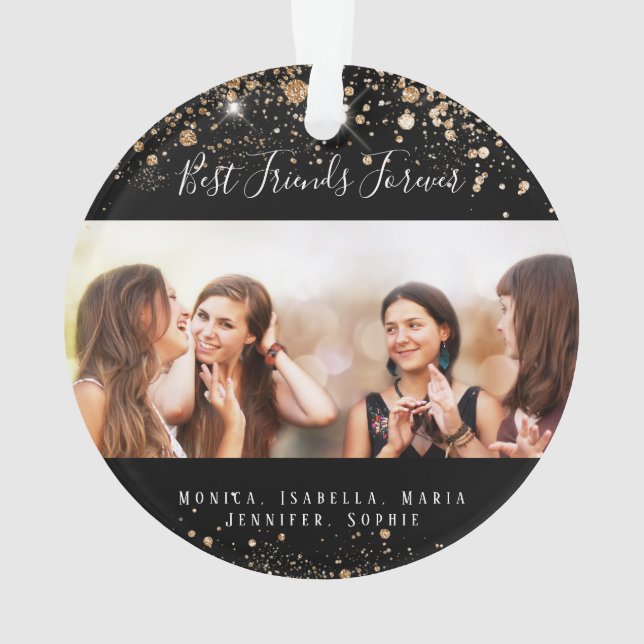 Friends forever black gold glitter name photo ornament (Back)