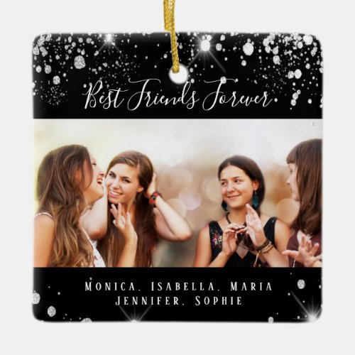 Friends forever black silver glitter photo ceramic ornament