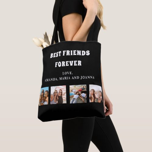 Friends forever black white photo collage names tote bag