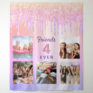 Friends forever blush pink violet glitter photo tapestry