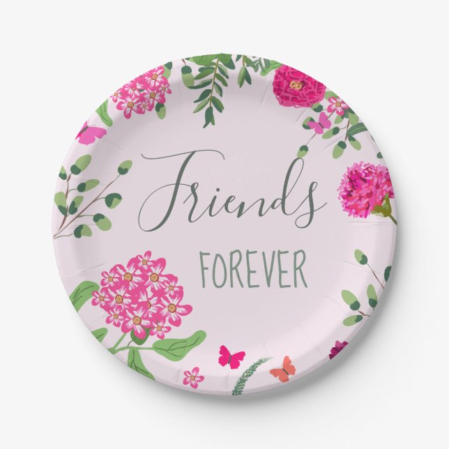 Friends Forever bright flowers and butterflies Paper Plates (Front)