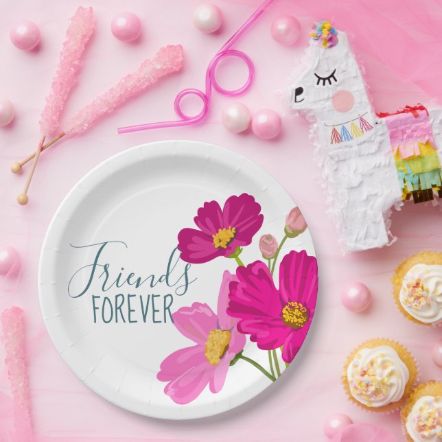 Friends Forever bright flowers and butterflies Paper Plates (Party)