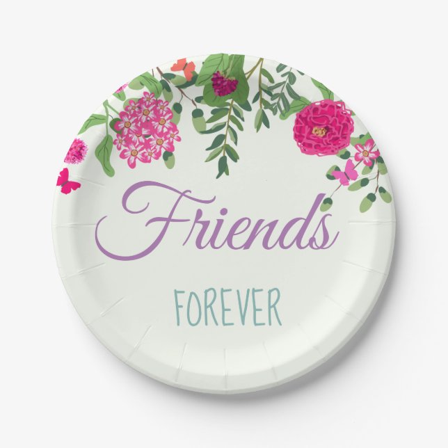 Friends Forever Colorful flowers and butterflies Paper Plates (Front)