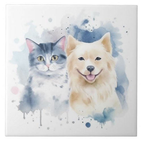 Friends Forever _ Dog and Cat Watercolor Art Ceramic Tile