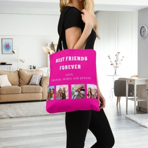 Friends forever hot pink photo collage names tote bag