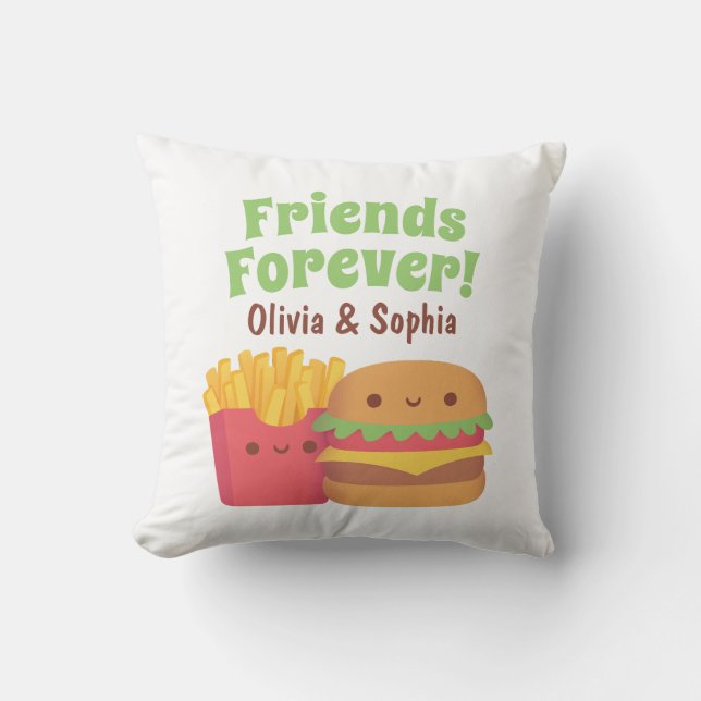 Friends Forever, Kawaii Fries and Burger Bestie Throw Pillow (Front)
