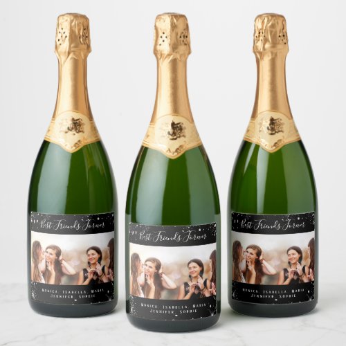 Friends forever photo black silver glitter sparkling wine label